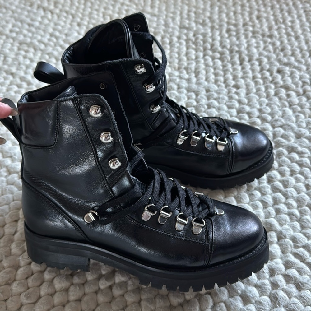 Allsaints black leather combat lace boots 37